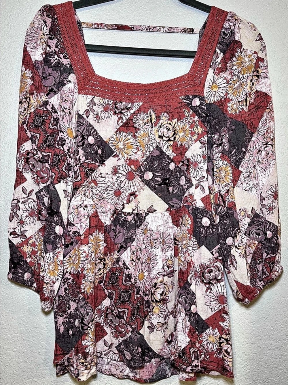 Maurices Floral Patchwork Boho Blouse SZ Small Multicolor Rayon Crochet NWT